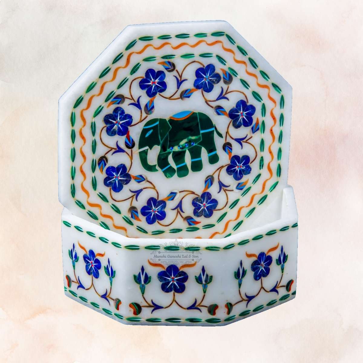 Elephant Design Octagon Shape Marble Jewellery Box